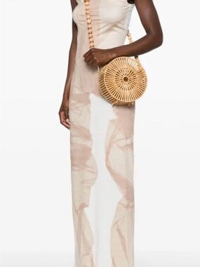 Cult Gaia Cutout Round Circle Beaded Strap Crossbody Bag Natural Bamboo